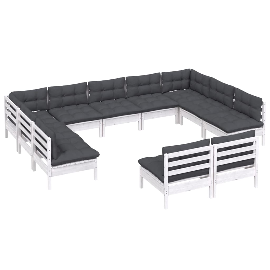 11-tlg. Garten-Lounge-Set mit Kissen Weiss Kiefer Massivholz